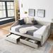 Queen Size Daybed with Two Drawers Trundle - Elegant Upholstered Sofa Bed, Linen Fabric, Grey/Beige