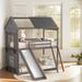 Wooden Bed with Slide and Ladder, Twin Over Twin Bunk Bed with Roof and Window, Space-saving Bed with Guardrails, Grey