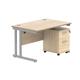 Double Upright Rectangular Desk + 2 Drawer Mobile Under Desk Pedestal 1200X800 Canadian Oak/Silver