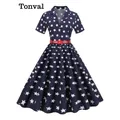 Tonval-Robe trapèze vintage pour femme col cranté boutons imprimé étoile manches courtes