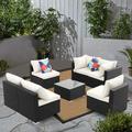 Zenova Rattan 2 or 7-piece Wicker Sofa Conversation Set Outdoor Patio Seating Sofa Set Beige2 7-piece 6