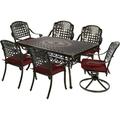 MEETWARM 7-Piece Outdoor Patio Dining Set All-Weather Cast Aluminum Patio Conversation Set with 4 Stationary 2 Swivel Rocker Chairs 1 Rectangular Table 6 Cushions 2 Umbrella Hole Chili Red