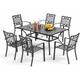 PHI VILLA Garden Table and Chairs Set, Outdoor Patio Dining Set, Rectangular Metal Table with Umbrella Hole and 6 Stackable Garden Chairs