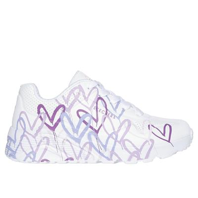 Skechers Girl's JGoldcrown: Uno Lite - Spread the Love Sneaker | Size 1.0 | White/Light Purple | Synthetic | Machine Washable