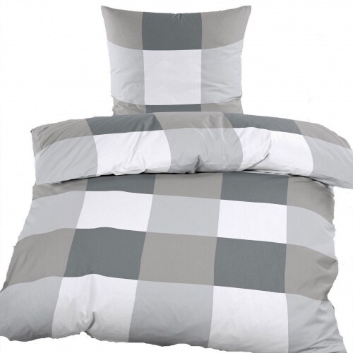 KH-Haushaltshandel Biber Winter Bettwäsche 135 x 200 + 80x80 cm, 100% Baumwolle, grau weiß, kariert Image