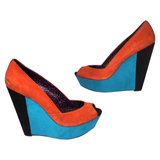 Jessica Simpson Shoes | Jessica Simpson Shoes Womens 9.5 Chunky Wedge Heels Red Black Blue Colorblock | Color: Blue/Red | Size: 9.5