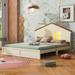 Twin or Full Size Wood Kids Bed, Modern Design Two-tone Platform Bed Frame with House-shaped Headboard and Built-in LED