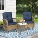 MEETWARM 3 Pieces Outdoor Patio Wicker Rocking Glider Set Rocking Chairs Rattan Patio Furniture Sets with Glass-Top Coffee Table and Thickened Cushion Conversation Bistro Set Navy Blue