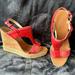 Coach Shoes | Coach Shoes, Sandal Cork Wedge, Sling Back, Red Coral Leather W/Sig Logo Canvas | Color: Red/Tan | Size: 8