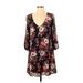 Lulus Casual Dress - Shift Plunge 3/4 sleeves: Black Print Dresses - Women's Size X-Small