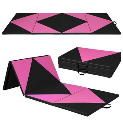 Costway 4-Panel PU Leather Folding Exercise Gym Mat with Hook and Loop Fasteners-Black & Pink