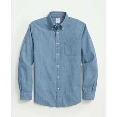 Brooks Brothers Men's Chambray Cotton Poplin Polo Button Down Collar, Sport Shirt | Light Blue | Size Medium