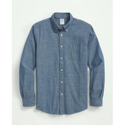 Brooks Brothers Men's Chambray Cotton Poplin Polo Button Down Collar, Sport Shirt | Dark Blue | Size Large