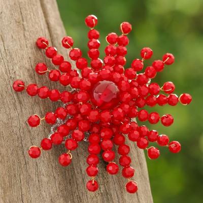 'Star-Shaped Red Chalcedony and Glass Beaded Brooch'