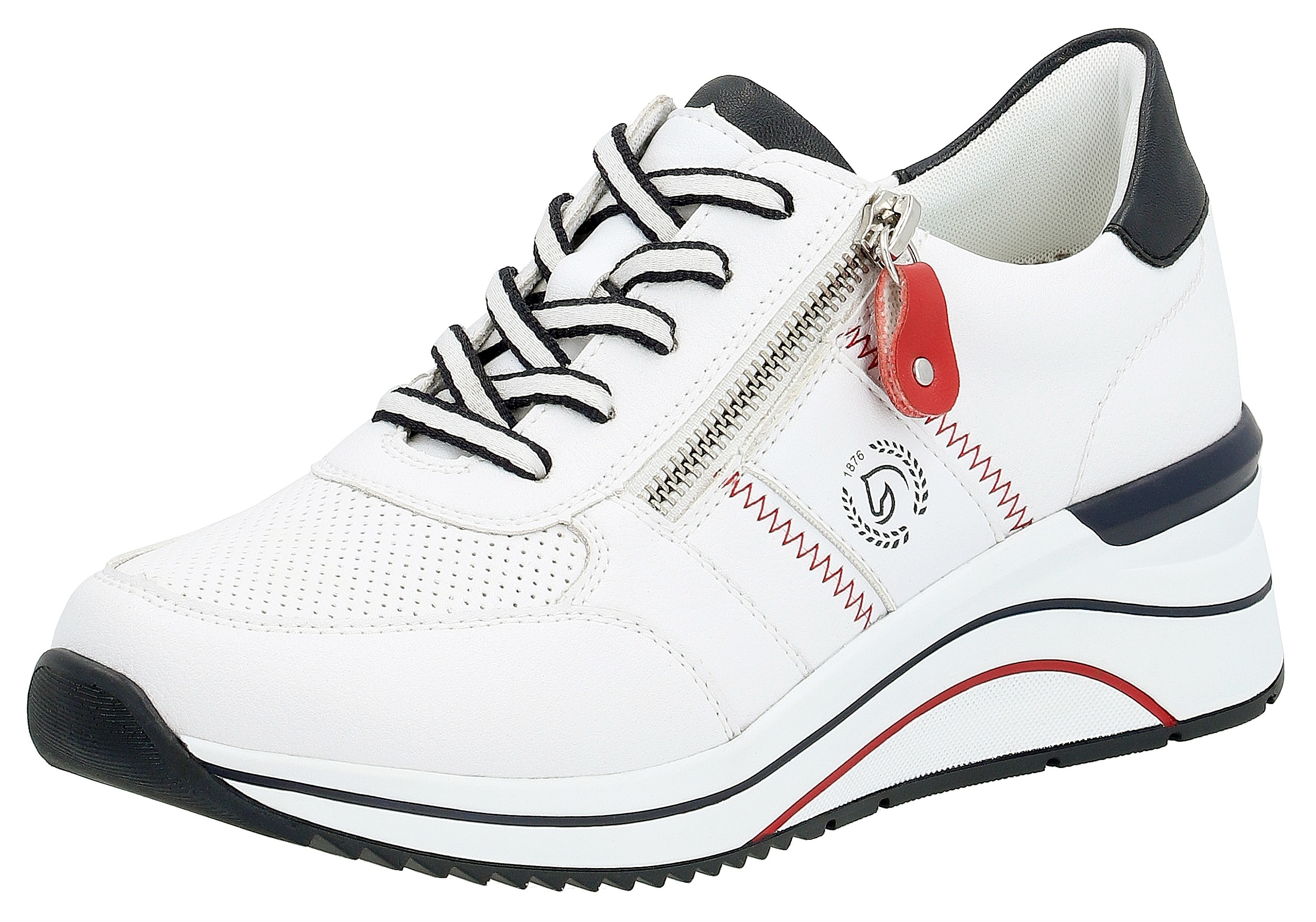 Keilsneaker REMONTE, Damen, Gr. 40, bunt (weiß, dunkelblau), Leder, Lederimitat, Schuhe Sneaker, Freizeitschuh, Halbschuh, Schnürschuh mit Metallic-Kontrastbesätzen