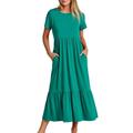 knqrhpse Summer Dress Casual Dress Women s Summer Casual Short Sleeve Crewneck Casual Flowy Tiered Maxi Beach Dress With Pockets Womens Dresses Green Dress L