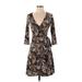 Lily Casual Dress - Wrap V-Neck 3/4 sleeves: Brown Dresses - Women's Size Small Petite