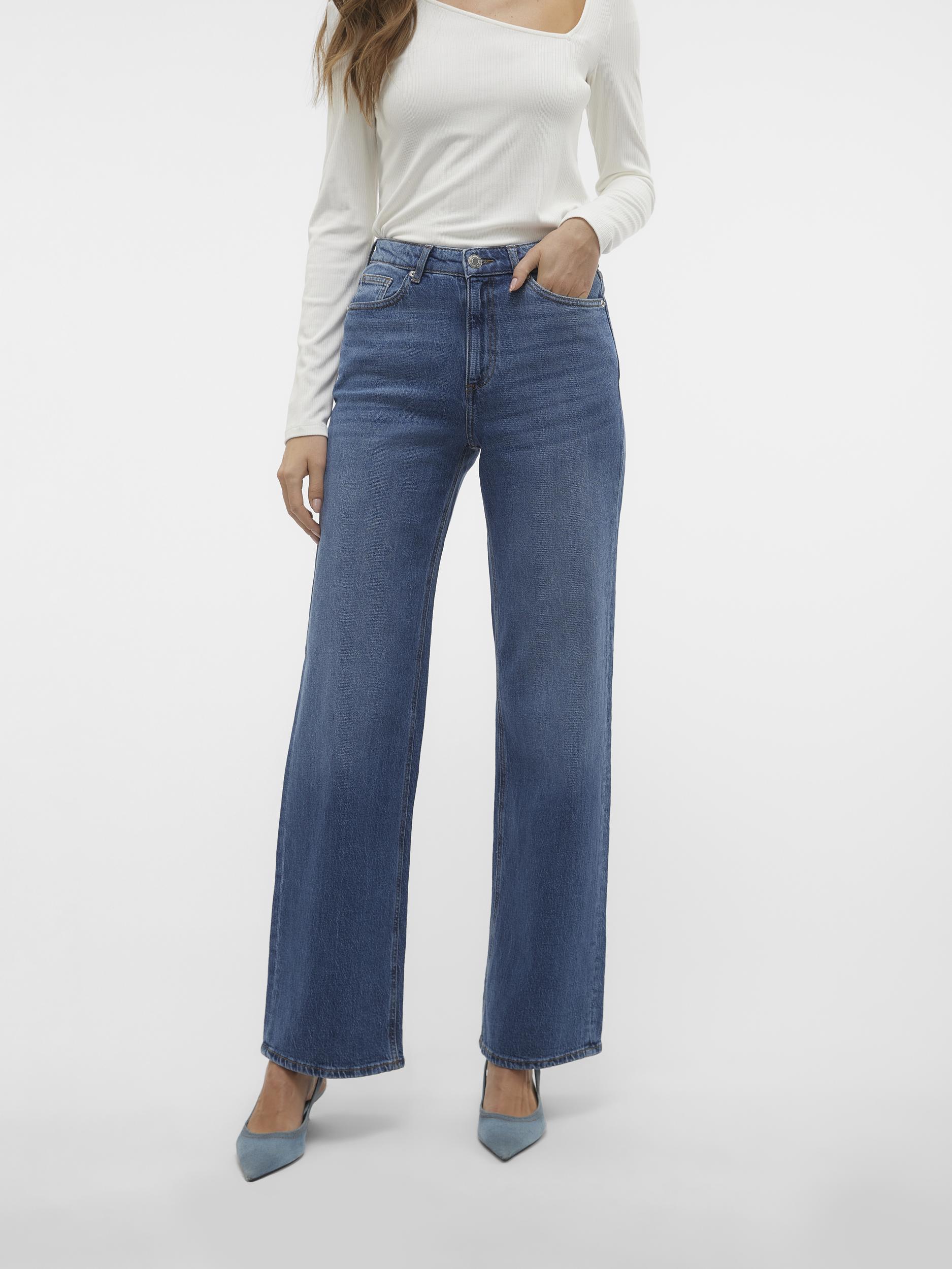 High-waist-Jeans VERO MODA "VMTESSA HR WIDE JEANS RA380 GA NOOS", Damen, Gr. 28, Länge 34, blau (medium blau denim), Denim/Jeans, Obermaterial: 99% Baumwolle, 1% Elasthan, unifarben, weit, Jeans High-Waist-Jeans, Topseller