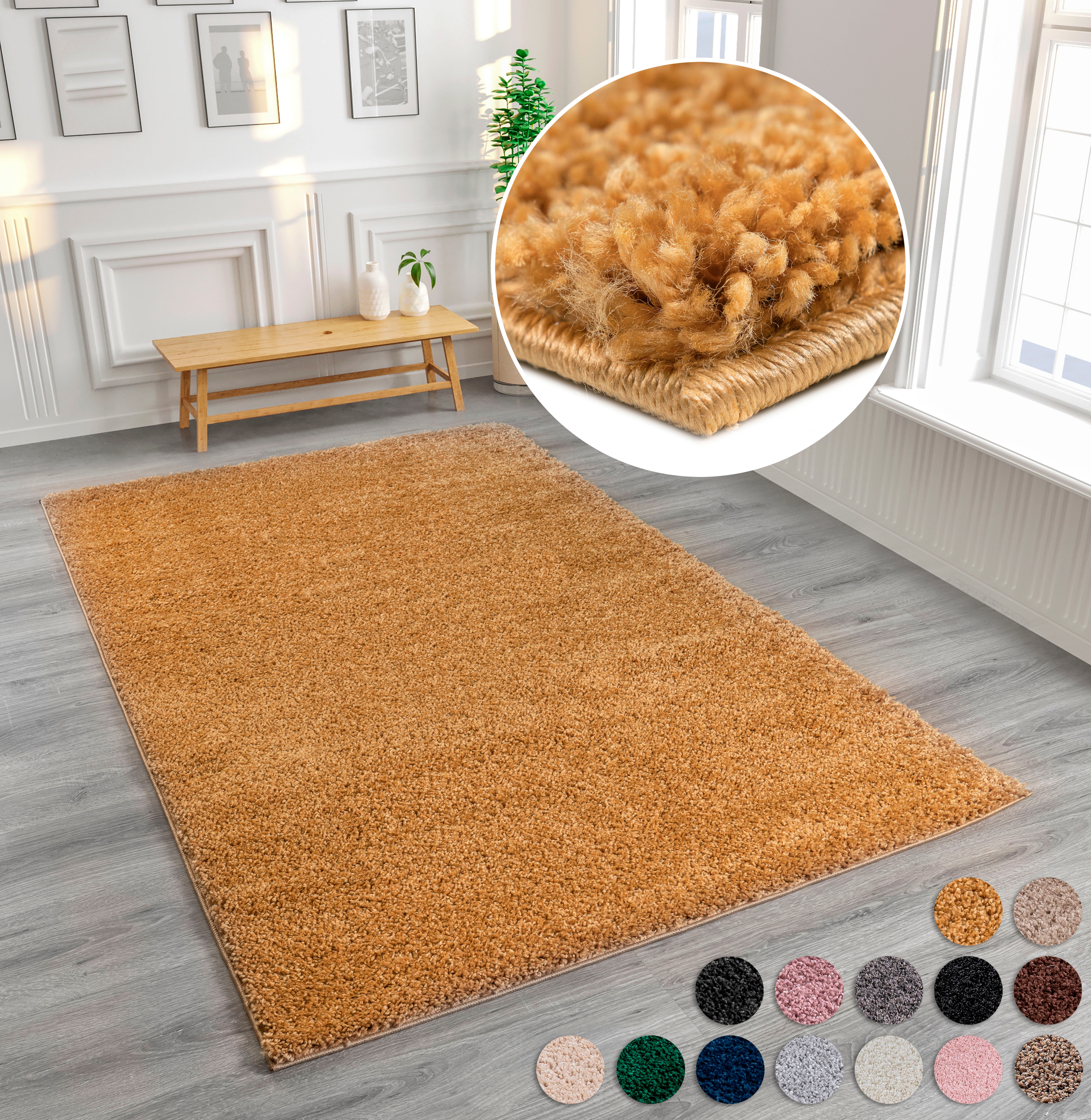 Hochflor-Teppich MY HOME "Viva" Gr. 8, gelb (ockergelb), B:280cm H:45mm L:390cm, Kunstfaser, Teppiche, Uni Farben, einfarbig, besonders weich und kuschelig, Kundenliebling Image