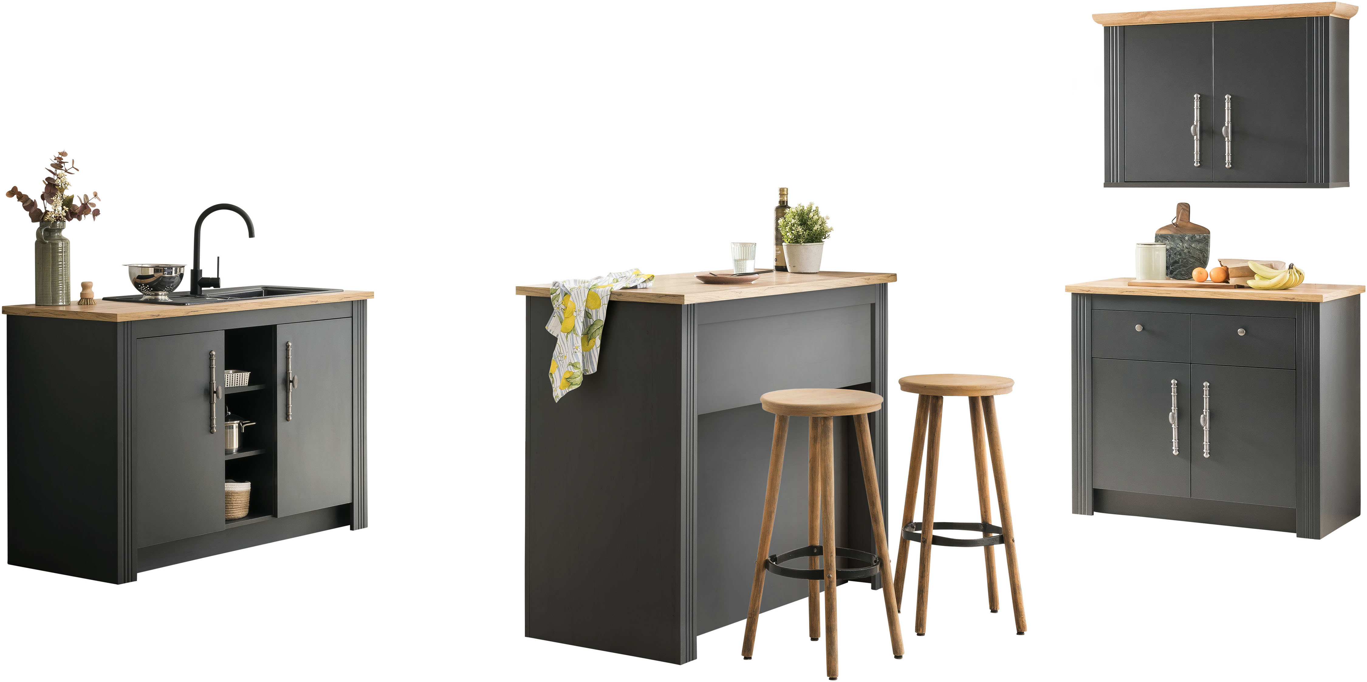 Küche KOCHSTATION "KS-Westminster", grau (küche: grau, korpus: grau dunkel, arbeitsplatte: eiche wotanfarben), B:226cm T:60cm, Komplettküchen-Sets, Breite 226 cm, ohne E-Geräte Image