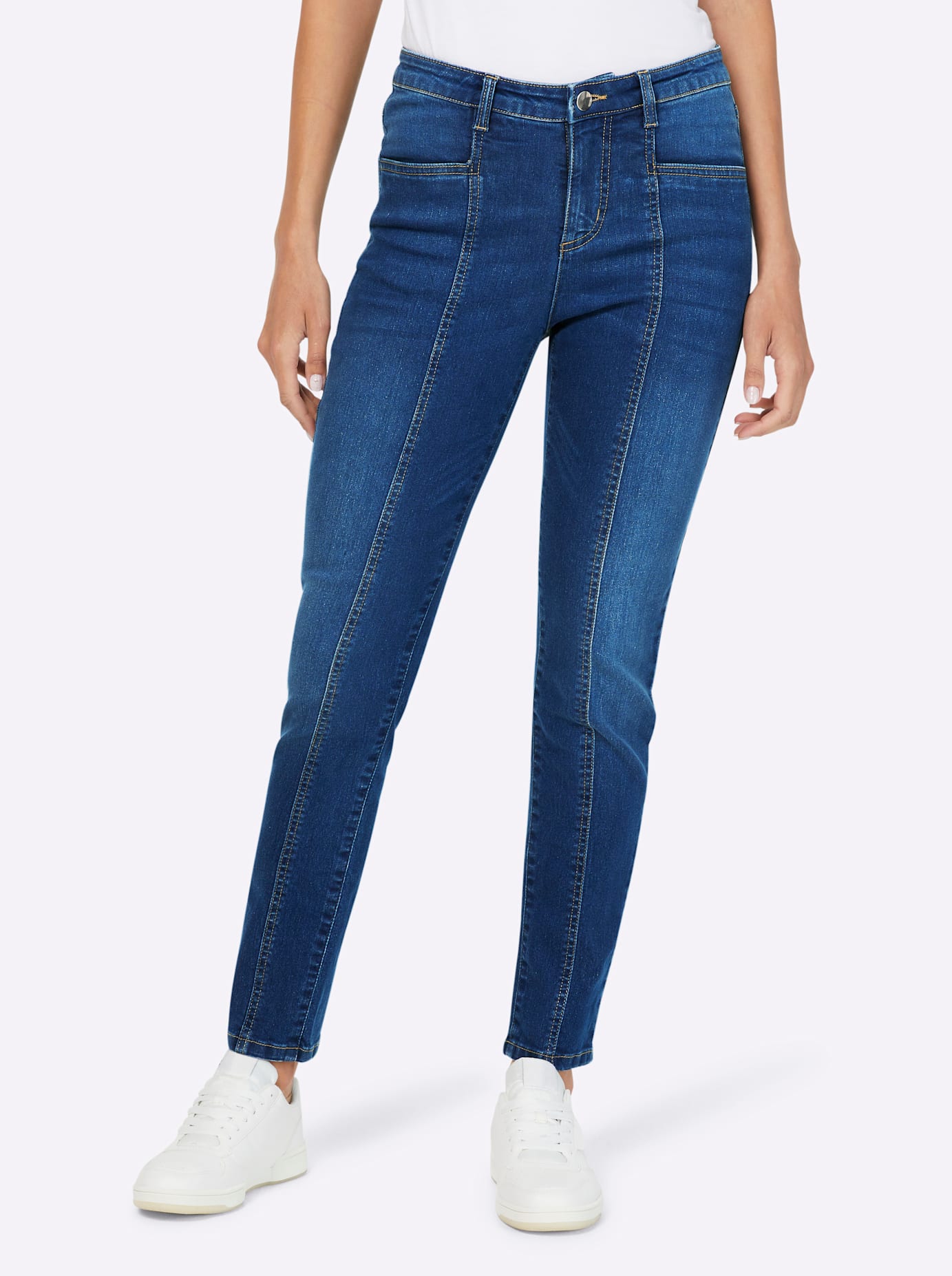 Bequeme Jeans HEINE, Damen, Gr. 36, Normalgrößen, blau (blau, stone, washed), 81% Baumwolle, 17% Polyester, 2% Elasthan, unifarben, lang, Jeans