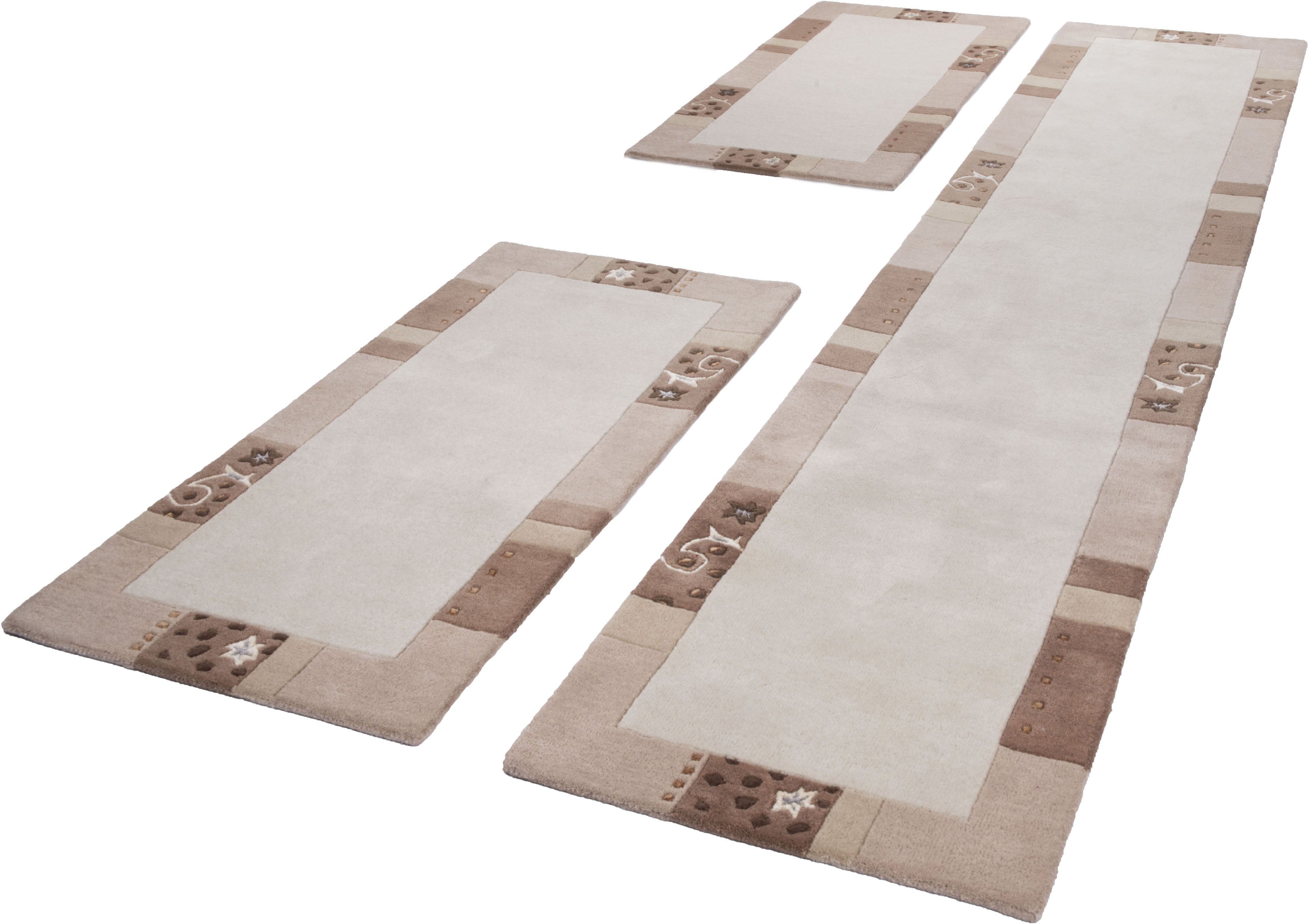 Bettumrandung THEKO "Royal Ganges" Gr. 14, beige, H:13mm, Obermaterial: 95% Wolle, 5% Viskose, Bettumrandungen, Bettvorleger, 3-teiliges Läufer-Set fürs Schlafzimmer, 100% Wolle