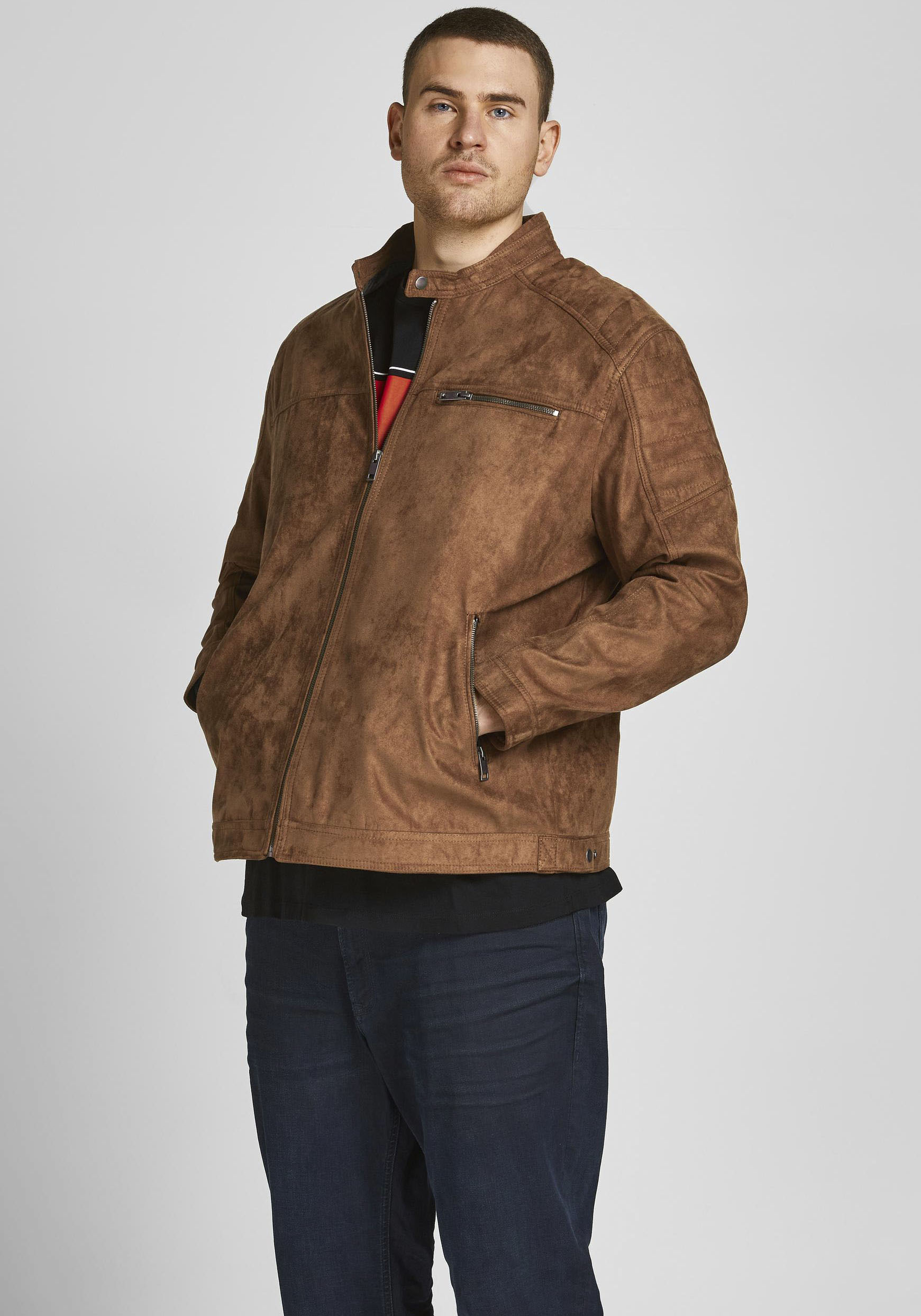 Bikerjacke "ROCKY JACKET", Herren, Gr. 5XL, braun (cognac), Web, Obermaterial: 88% Polyester, 12% Viskose, JACK & JONES PLUSSIZE, unifarben, normal normal, Jacken, bis Größe 6XL