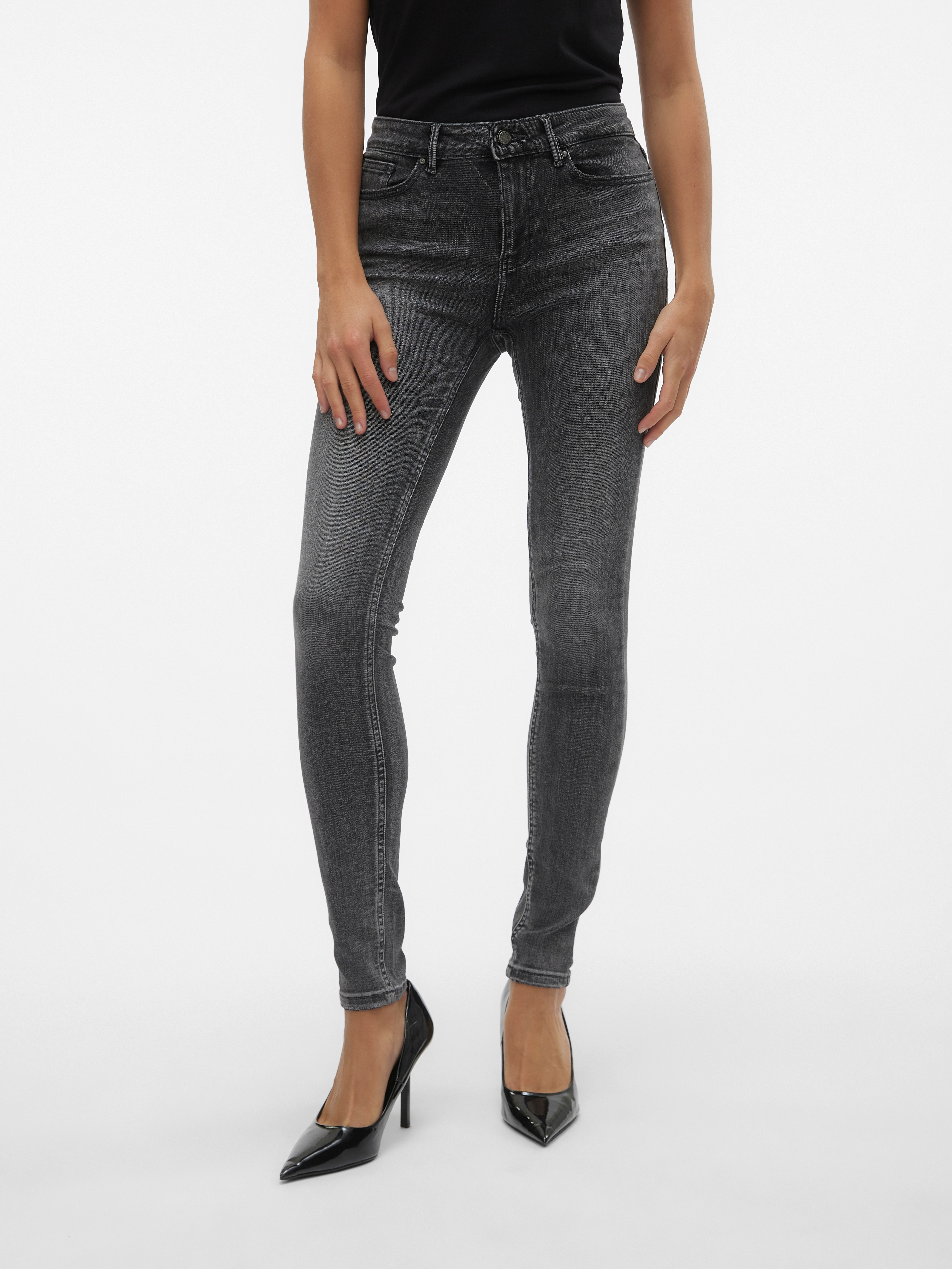 Skinny-fit-Jeans VERO MODA "VMFLASH MR SKINNY JEANS LI213 NOOS", Damen, Gr. XS (34), Länge 30, blau (medium grau denim), Denim/Jeans, Obermaterial: 65% Baumwolle, 18% Polyester, 8% Viskose, 7% Elastomultiester, 2% Elasthan, unifarben, skinny fit...