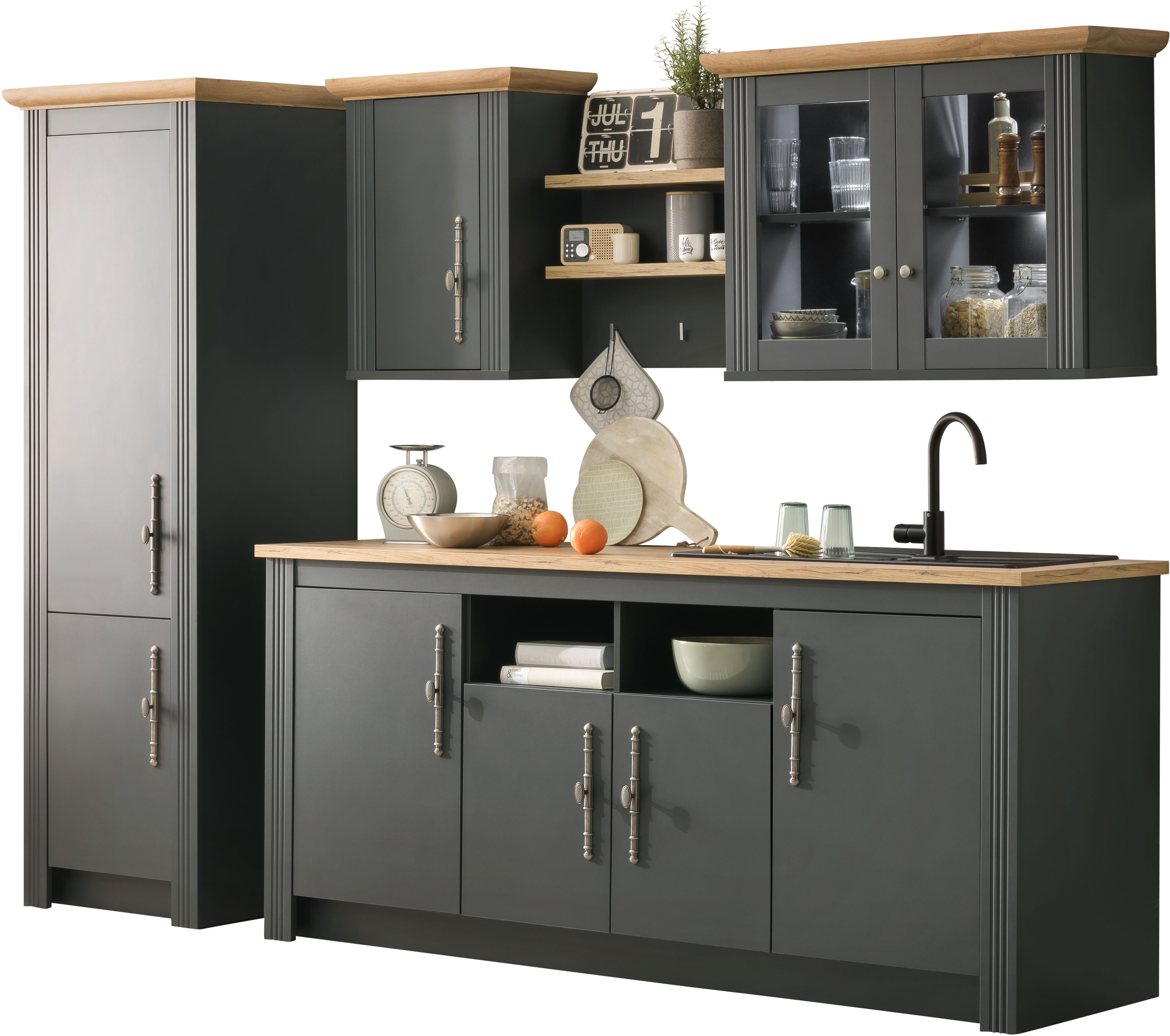 Küche KOCHSTATION "KS-Westminster", grau (küche: grau, korpus: grau dunkel, arbeitsplatte: eiche wotanfarben), B:270cm T:60cm, Komplettküchen-Sets, Breite 270 cm, ohne E-Geräte Image