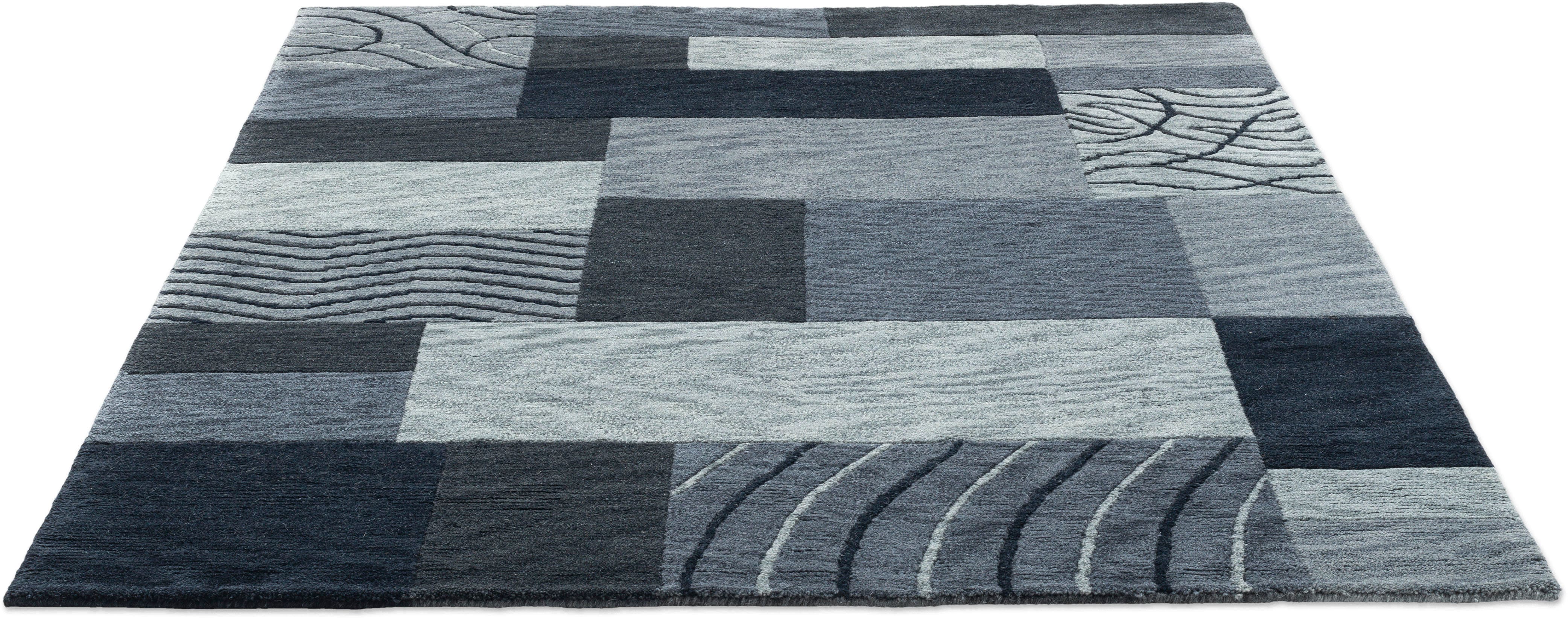 Wollteppich THEKO "Domas 4028", grau (anthrazit), B:60cm H:12mm L:90cm, Schurwolle, Teppiche, Kurzflor, reine Wolle, handgeknüpft, modernes Patchwork Design Image