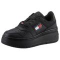 Plateausneaker TOMMY JEANS "TJW RETRO BASKET FLATFORM ESS", Damen, Gr. 42, schwarz, Leder, Textil, Lederimitat, sportlich, Schuhe, mit Logoschriftzug in der Sohle, Freizeitschuh, Halbschuh, Schnürschuh