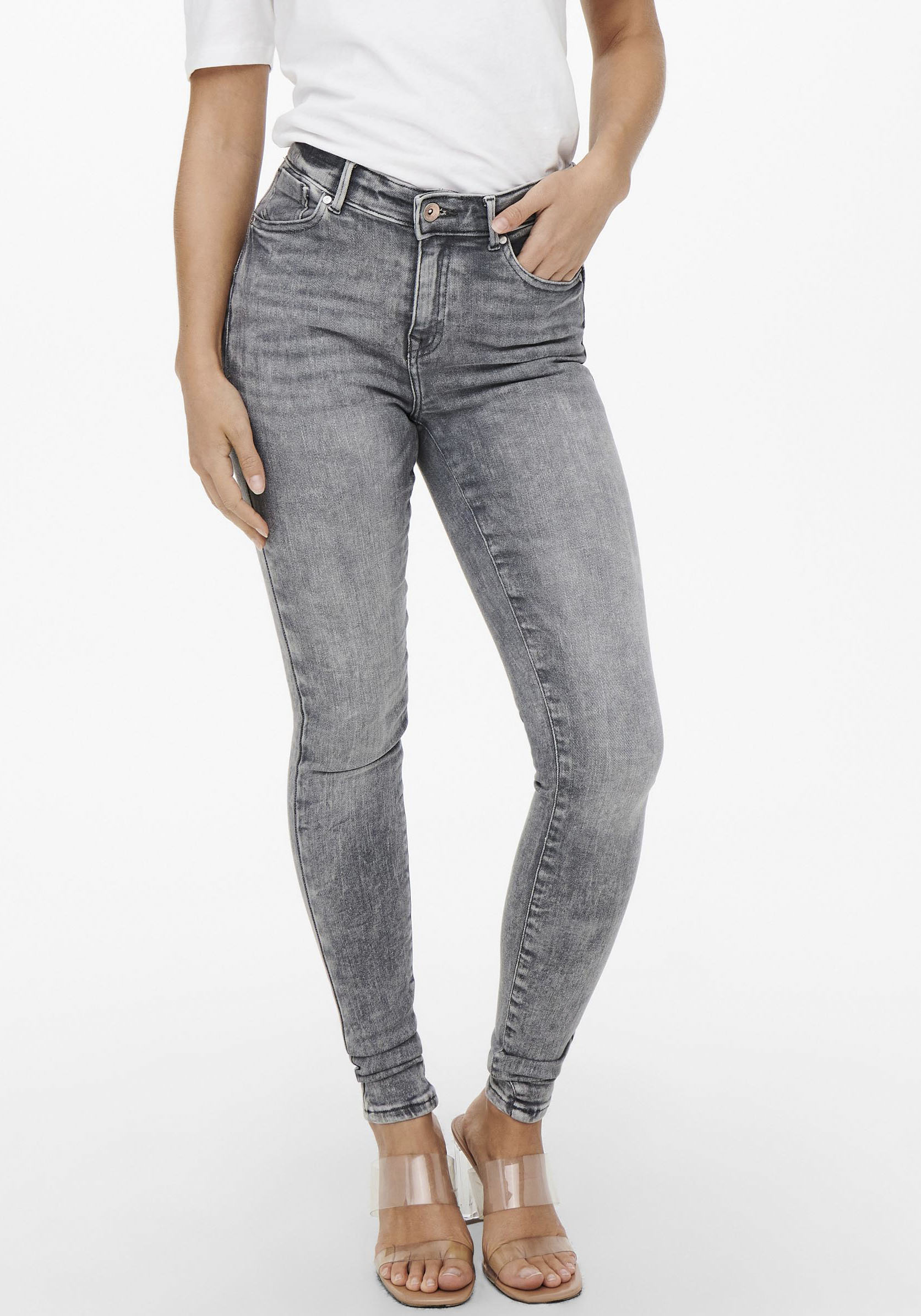Skinny-fit-Jeans ONLY "ONLPOWER MID PUSH UP SK AZG937", Damen, Gr. XS (34), Länge 34, grau (grau denim), Denim/Jeans, Obermaterial: 92% Baumwolle, 6% Polyester, 2% Elasthan, Abriebeffekte, Jeans Image