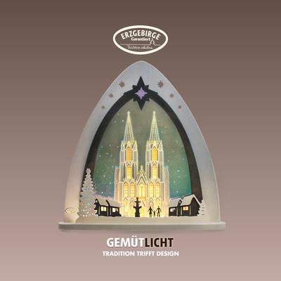 LED Lichterbogen WEIGLA "Kölner Dom, moderne Lichterspitze aus Holz & Acrylglas", bunt (weiß, grau, blau, gelb, bunt), B:52cm H:53,5cm T:9cm, Holz, Holz, Schwibbögen, Erzgebirge garantiert, Weihnachtsdeko Innen, Weihnachtsbeleuchtung Image