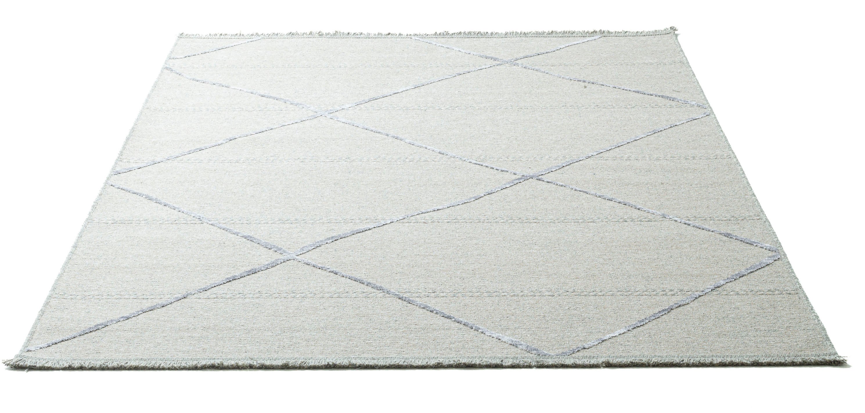 Teppich SANSIBAR "Braderup", beige (natur), B:80cm H:2mm L:150cm, Schurwolle, Teppiche, Fransenteppich, Flachgewebe, modernes Scandi Design, Motiv Rauten, mit Fransen Image
