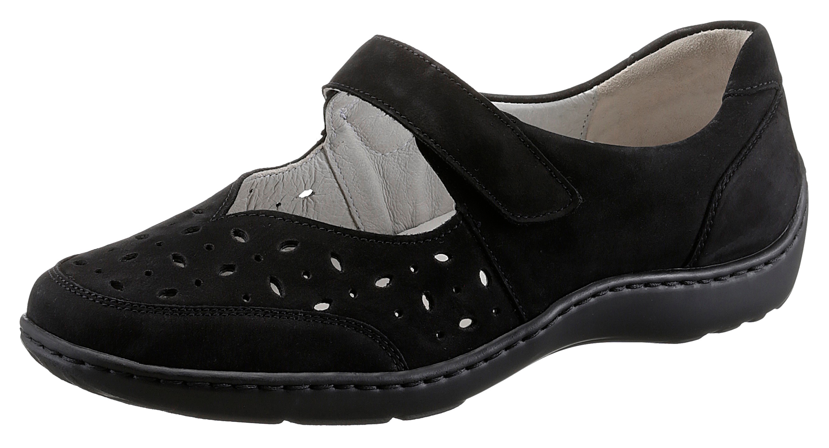 Ballerina WALDLÄUFER "HENNI", Damen, Gr. 5 (38), schwarz, Nubukleder, Schuhe Ballerina, Klettschuh, Komfortschuh mit Perforation, H-Weite