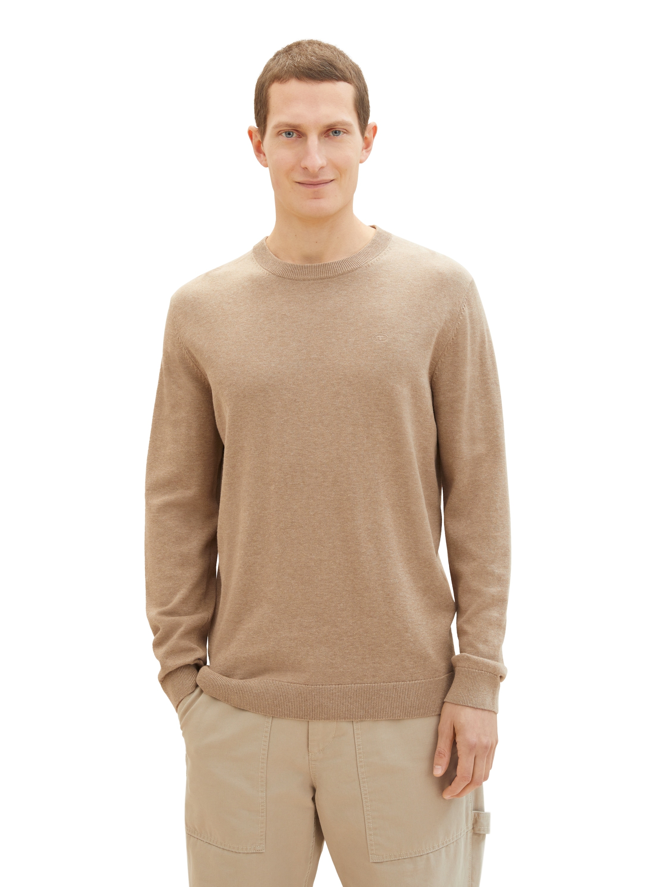 Rundhalspullover TOM TAILOR, Damen, Gr. XL, beige (beige meliert), Strick, Obermaterial: 100% Baumwolle, meliert, regular fit hüftbedeckend, Rundhals, Bündchen, Pullover Rundhalspullover, mit Logostickerei