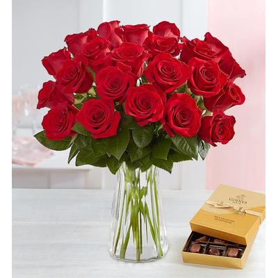 1-800-Flowers Flower Delivery Two Dozen Red Roses W/ Clear Vase & Godiva Chocolate