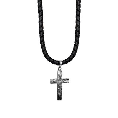 Kette mit Anhänger KUZZOI "Herren Lederkette Kreuz Oxidiert Matt 925 Silber" Gr. 55, silber, Halsketten, Herren, 55, ohne Stein, Silber 925 (Sterlingsilber), L: 50cm Image