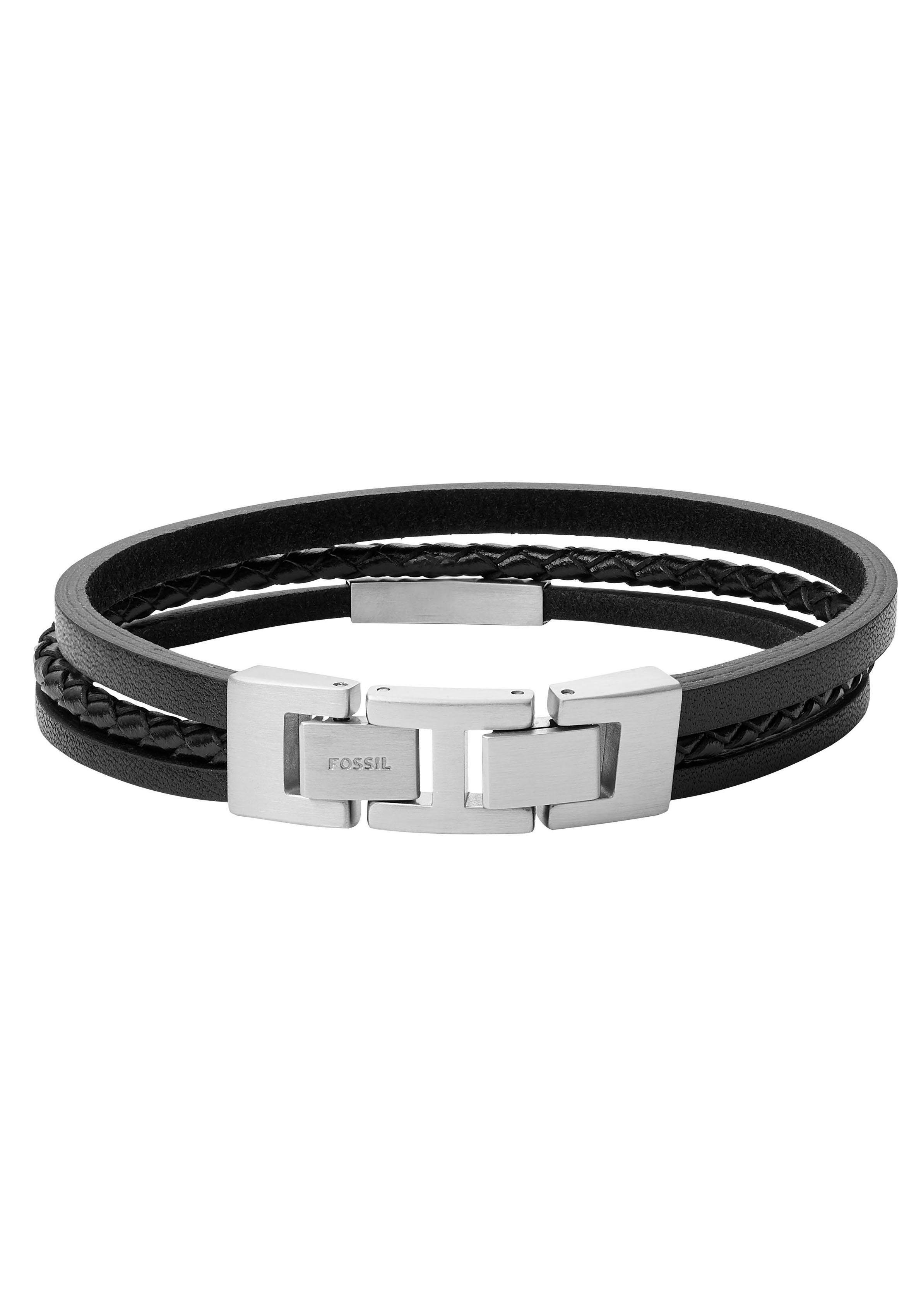 Armband FOSSIL "Schmuck Geschenk Edelstahl Leder VINTAGE CASUAL", schwarz (edelstahlfarben, schwarz), Armbänder, 19,5cm, Edelstahl Leder, Edelstahl, Leder