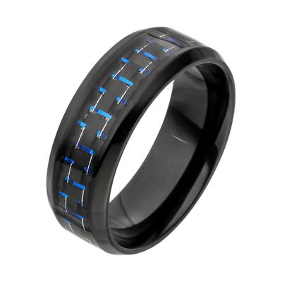 Fingerring JOBO Gr. 58, blau, Fingerringe, Herren, 58, Edelstahl-Carbon, Edelstahl, Carbon, Edelstahl schwarz beschichte