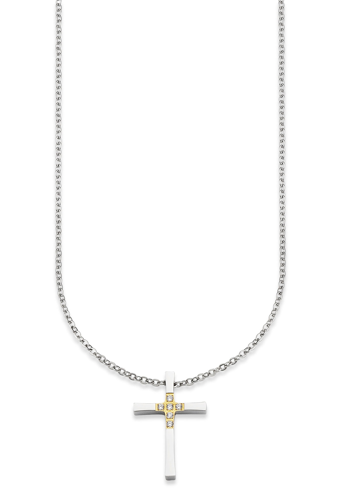 Kette mit Anhänger BRUNO BANANI "Schmuck Geschenk Halskette Kreuz mit Steinen bicolor", gold (edelstahlfarben, gelbgoldfarben), Halsketten, Damen, Edelstahl, L: 47 B: 2mm, mit Zirkonia (synth.), B:2mm Image