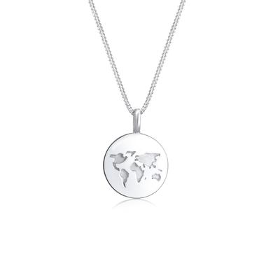 Kette mit Anhänger ELLI "Weltkugel Anhänger Plättchen Rund 925 Silber" Gr. 45, silber, Halsketten, Damen, 45, ohne Stein, Silber 925 (Sterlingsilber), L: 45cm Image