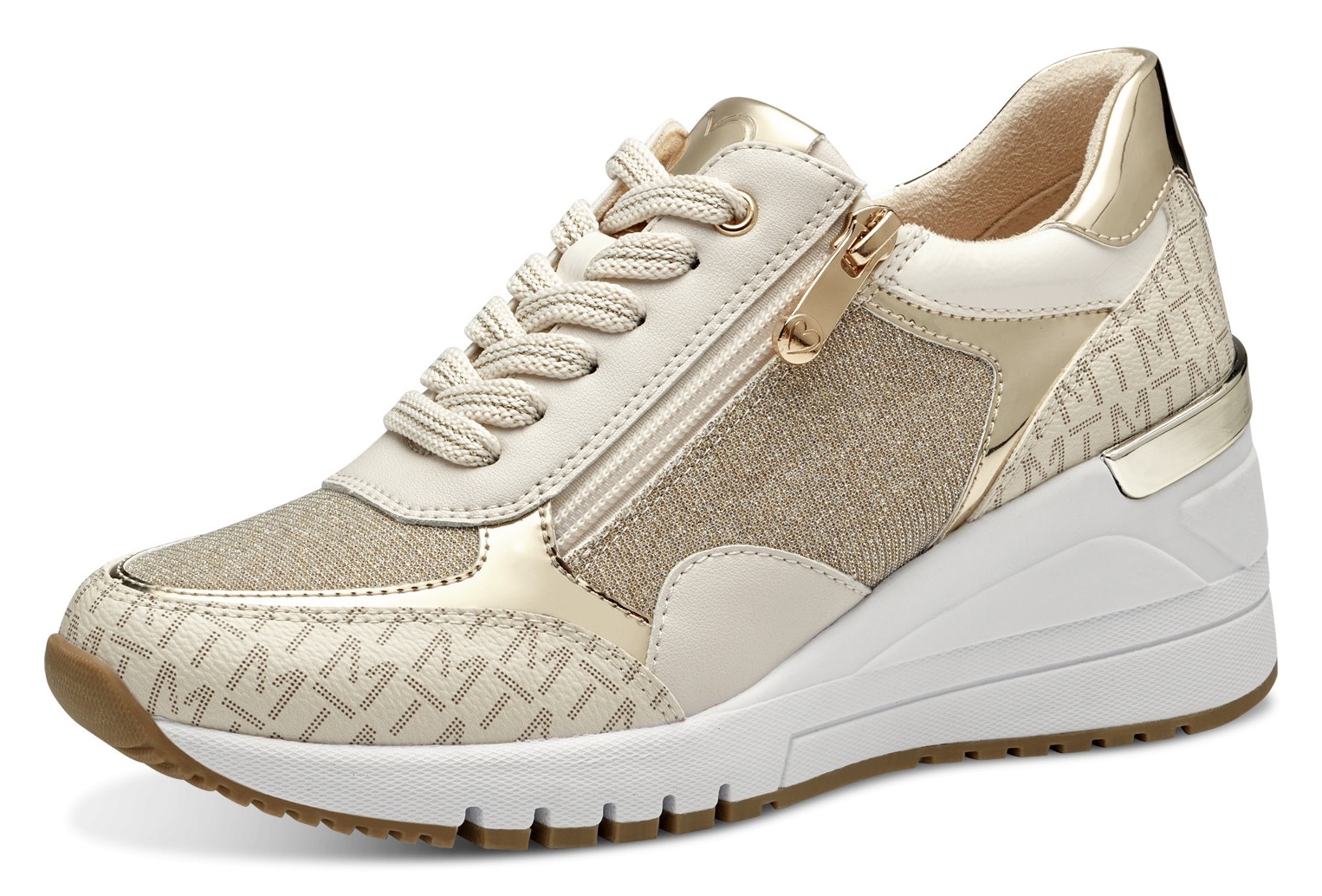 Keilsneaker MARCO TOZZI, Damen, Gr. 36, gold (creme, goldfarben), Lederimitat, Textil, Schuhe, Freizeitschuh, Halbschuh, Schnürschuh in veganer Verarbeitung