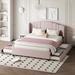 Upholstered Platform Bed with Wingback Headboard, One Twin Trundle and 2 Drawers, Linen Fabric, Queen Size Pink