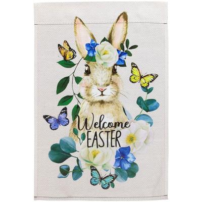 Bunny and Butterflies "Welcome Easter" Floral Outdoor Garden Flag 18" x 12.5"