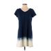 Purejill Casual Dress - Mini V Neck Short sleeves: Blue Color Block Dresses - Women's Size Small Petite