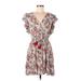Angie Casual Dress - A-Line V Neck Short sleeves: Tan Floral Dresses - Women's Size Medium