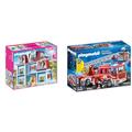 PLAYMOBIL Dollhouse 70205 Mein Großes Puppenhaus, Mit funktionsfähiger Türklingel, Ab 4 Jahren & City Action 9463 Feuerwehr-Leiterfahrzeug mit Licht und Sound, Ab 5 Jahren