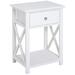 Side Table, Farmhouse End Table with Storage Drawer, Open Shelf and X-frame, Bedside Table for Living Room, White