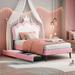 Twin/Full Size Upholstered Princess Bed With Crown Headboard and 2 Drawers, Cute Kids Platform Bed Frame